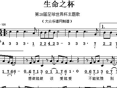 世界杯主题歌生命之杯歌谱简谱