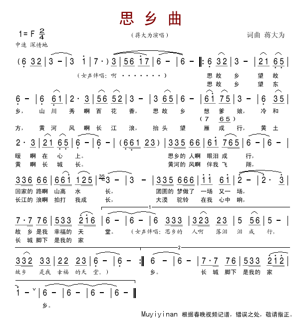 思乡曲 版 蒋大为春晚 歌谱 简谱