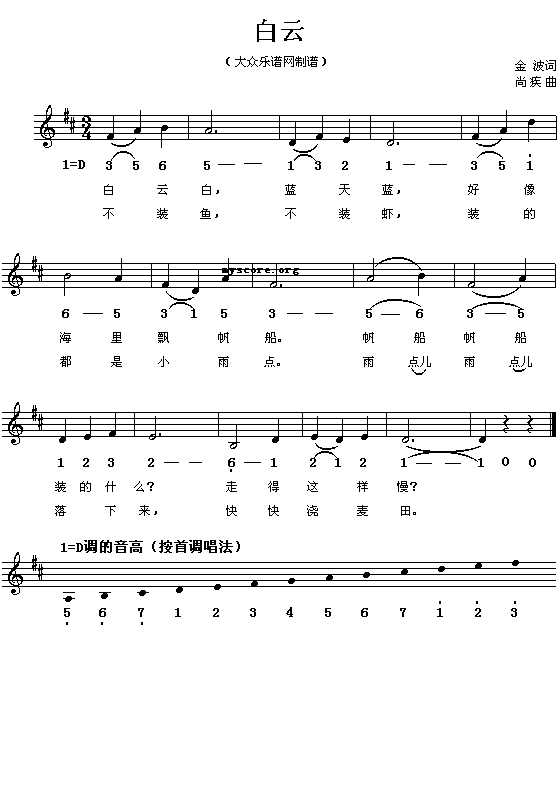 白云 电子琴谱,钢琴谱,歌谱,吉他谱 和弦谱,简谱,五线谱