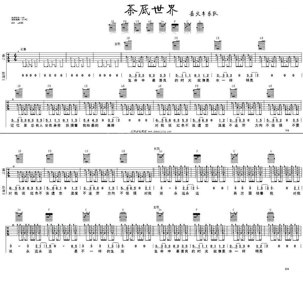 茶底世界吉他谱_丢火车乐队_吉他弹唱视频教程-吉他派