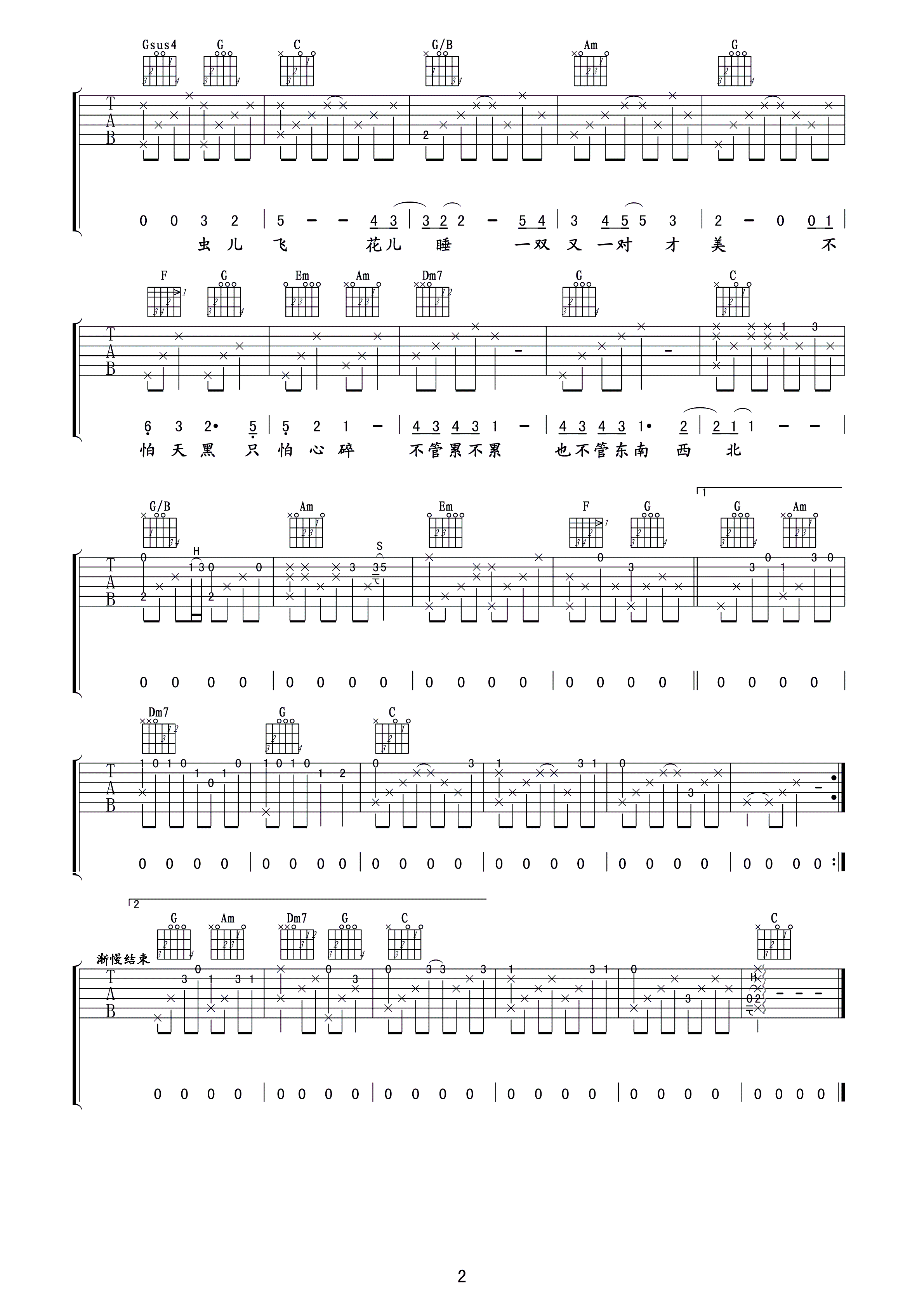 虫儿飞吉他简谱_吉他入门简谱虫儿飞