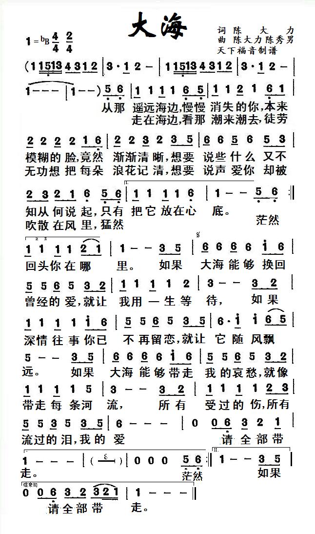 大海 张雨生 歌谱 简谱