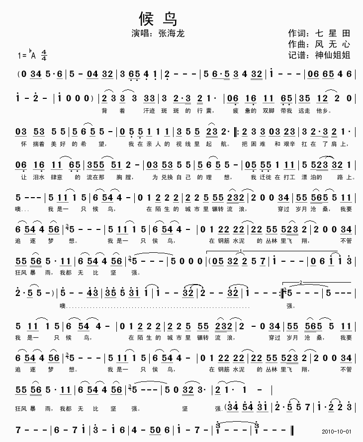 候鸟 张海龙 歌谱 简谱