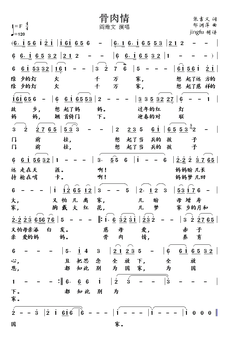 骨肉情 央视1995年春晚歌曲 阎维文 歌谱 简谱