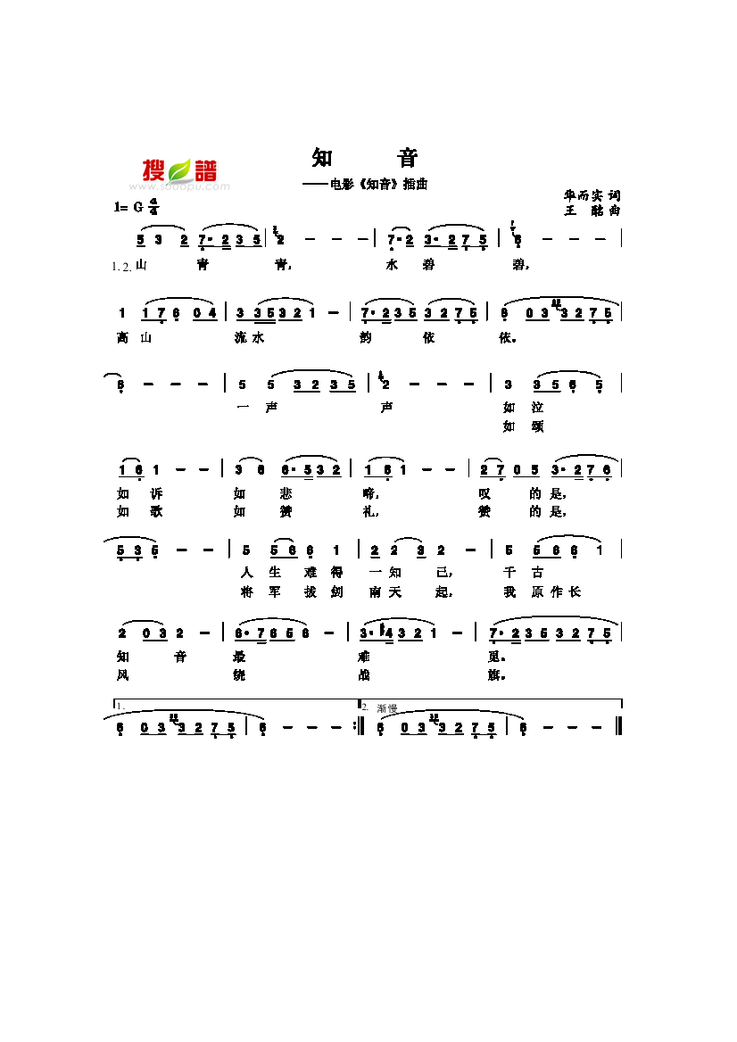 知音 华而实 王酩 歌谱 简谱