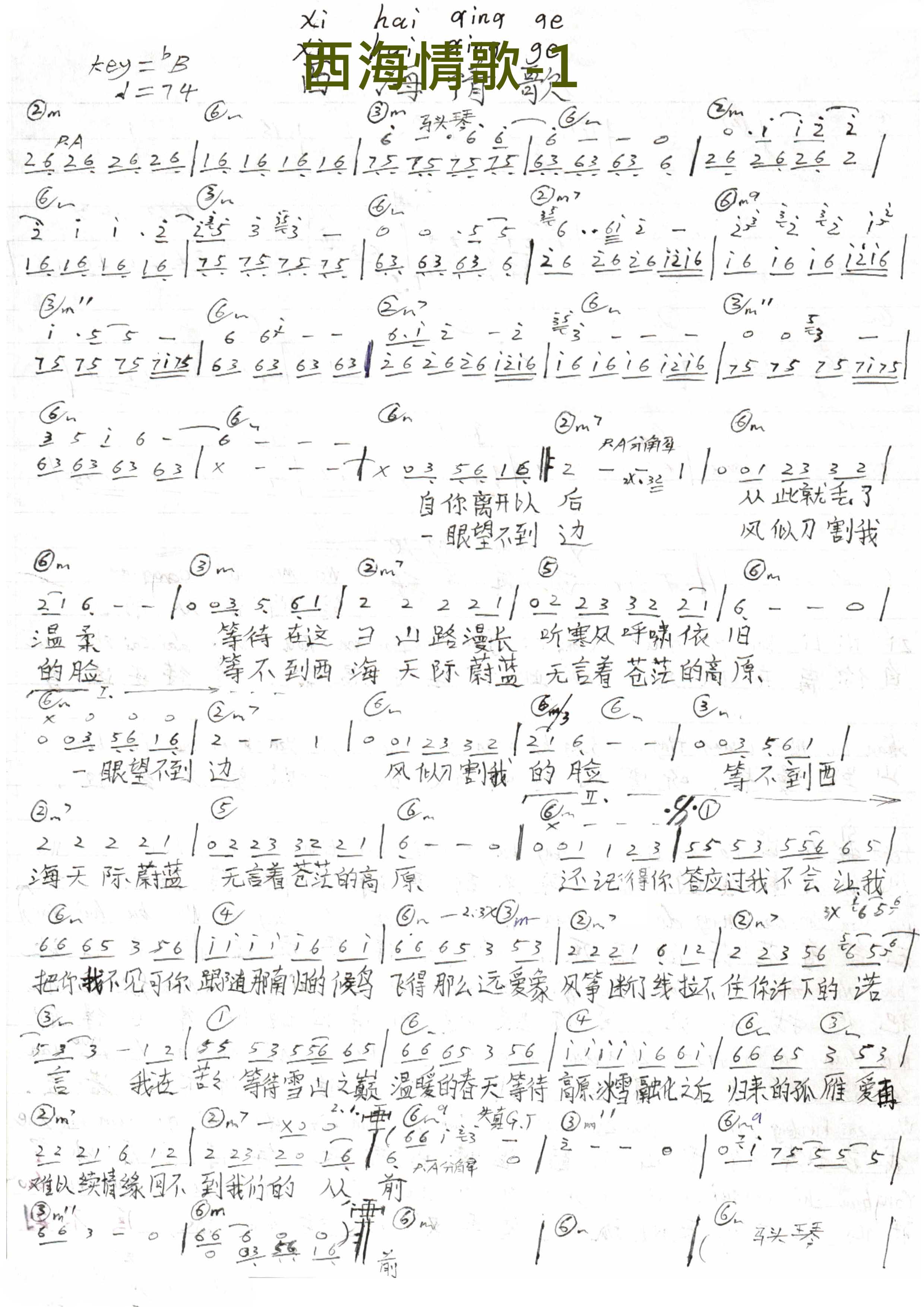 西海情歌简谱完整版_西海情歌降央卓玛歌谱简谱