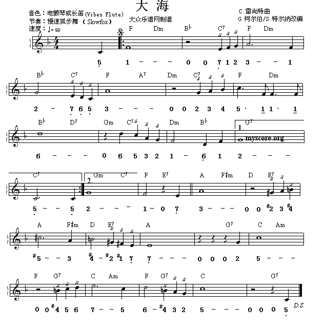 世界名曲双谱式 大海 c 雷尚特曲 电子琴谱 简谱
