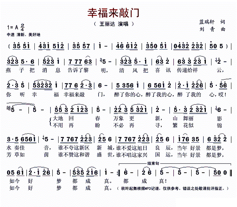 幸福来敲门 王丽达 歌谱 简谱