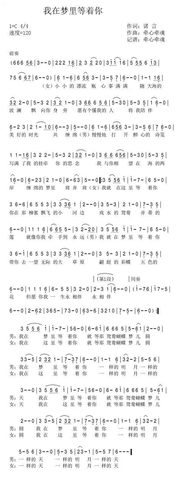 我在梦里等着你 歌谱 简谱
