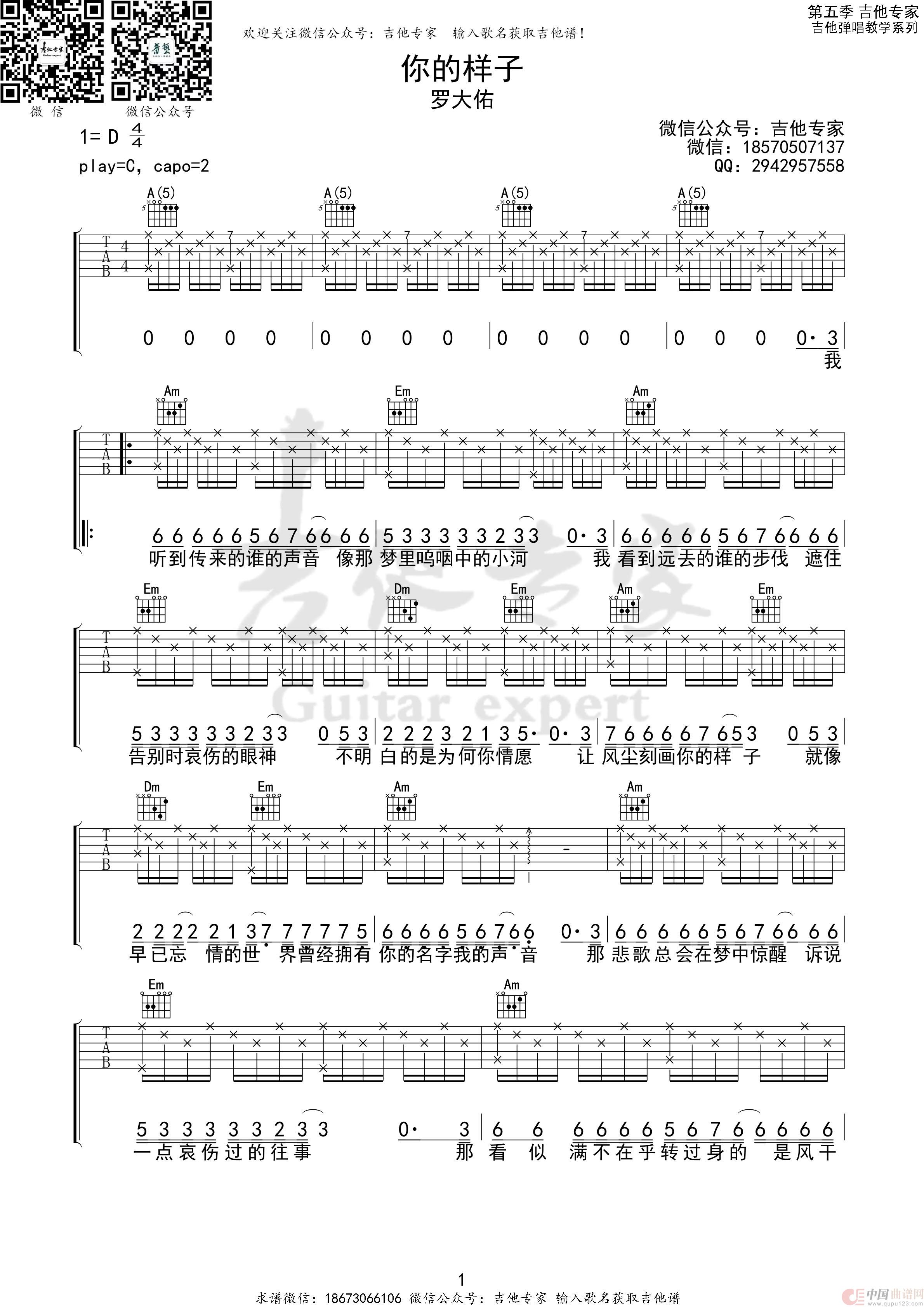 你的样子吉他谱初级版简谱-林志炫演唱-看乐谱网