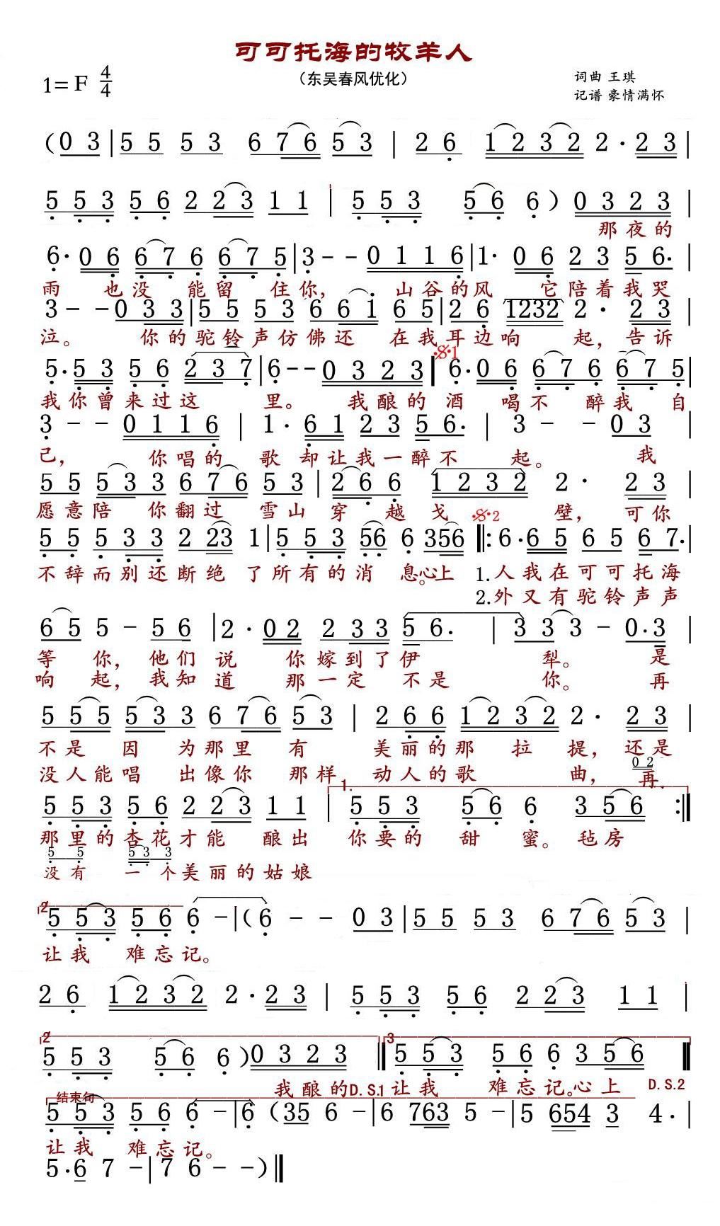 可可托海的牧羊人 王琪 歌谱 简谱