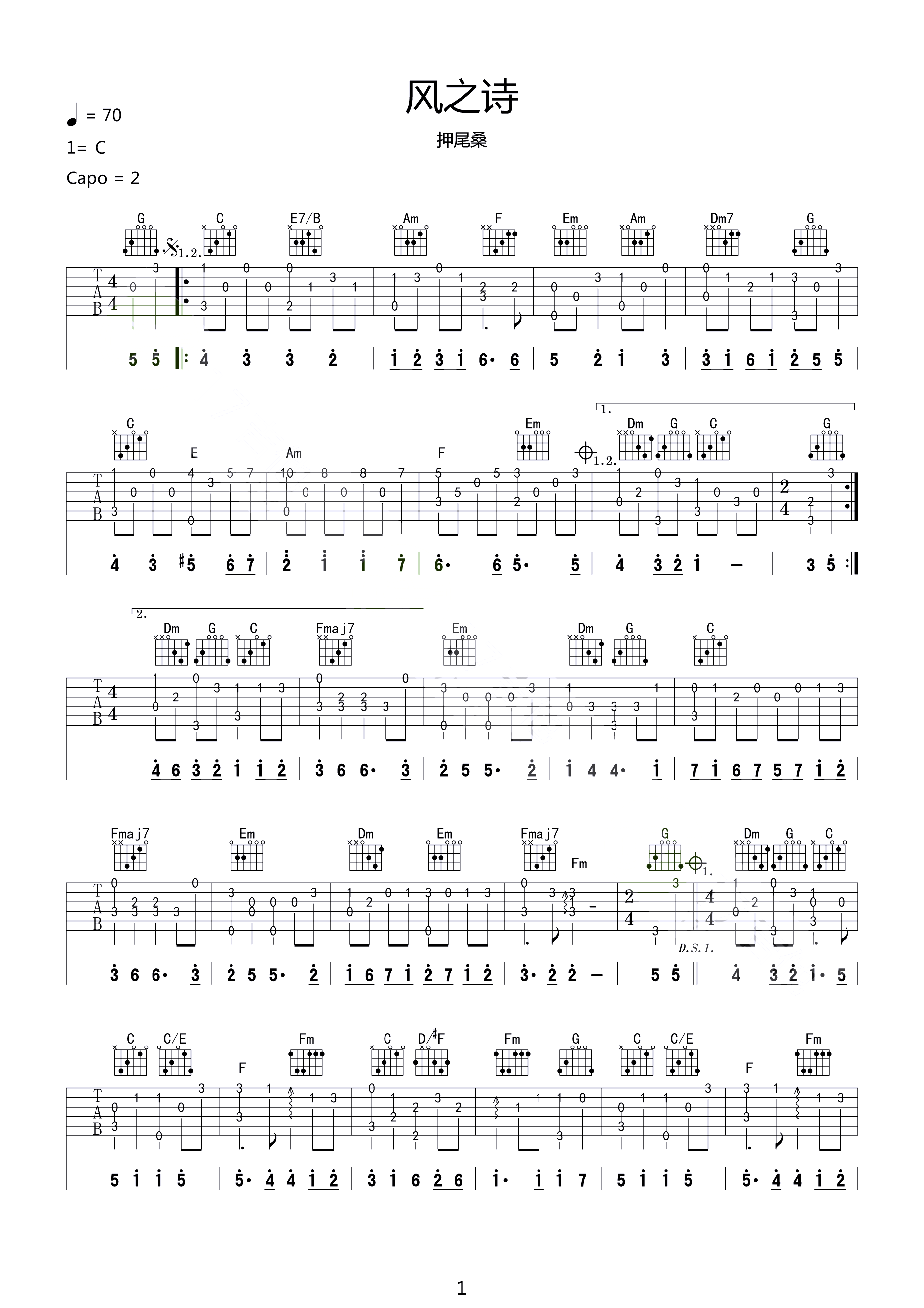 《鸟之诗》吉他谱（附吉他视频教程—《鸟之诗》指弹吉他谱） | 汤米吉他