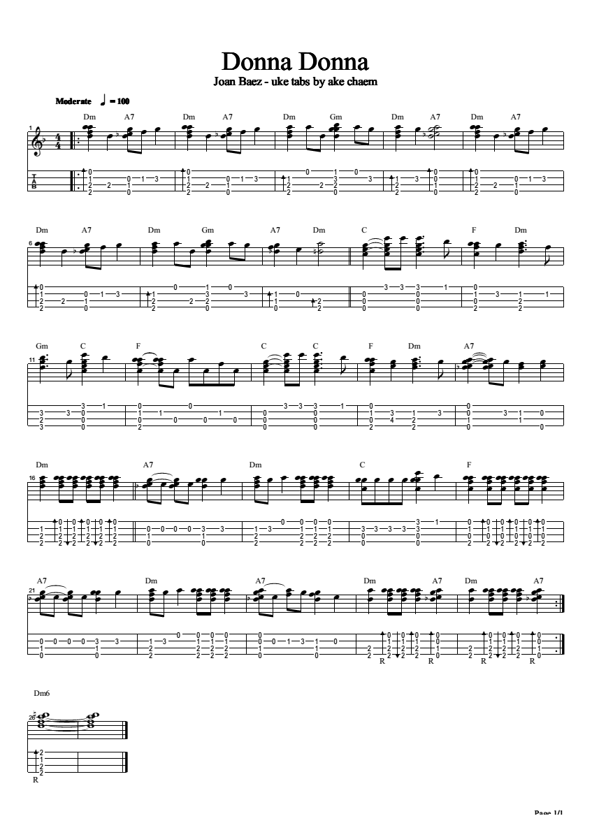 Donna Donna 尤克里里指弹谱 吉他谱 和弦谱