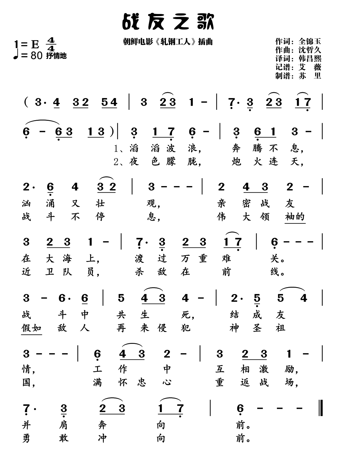 战友之歌 朝鲜电影 轧钢工人 插曲
