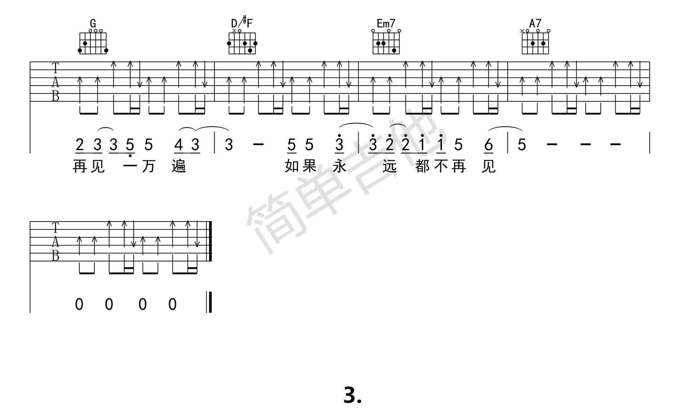 再见吉他谱_张震岳_C调超简单女生版_吉他弹唱六线谱 - 酷琴谱